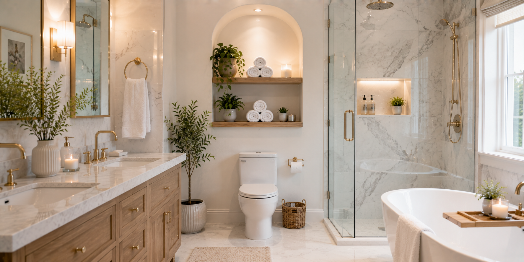 A bright bathroom with a recessed alcove above the toilet holding rolled towels and plants — white marble tiles and soft lighting.