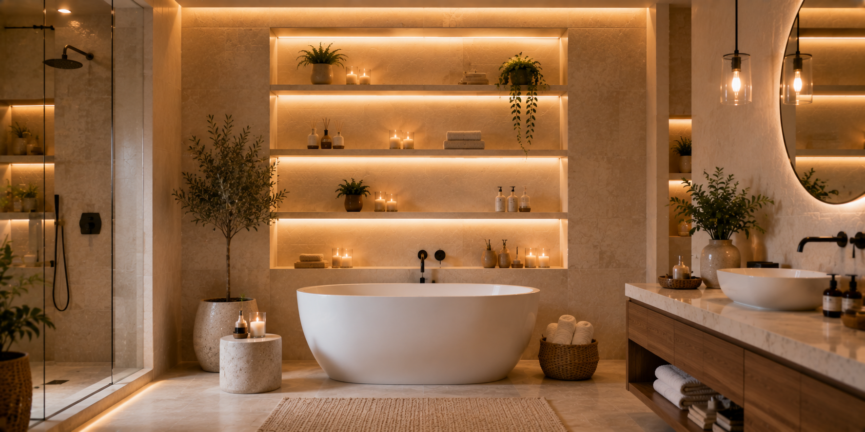 A luxury bathroom wall featuring illuminated alcove shelves with soft warm LED lighting, candles, and decorative accents — spa-style mood lighting