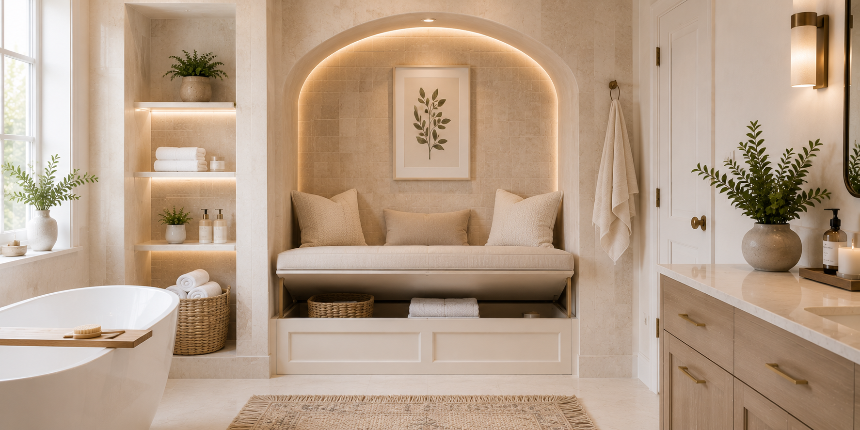 A built-in alcove bench with lift-up seat storage, soft beige cushions, and surrounding neutral tiles — cozy, modern spa-inspired space.