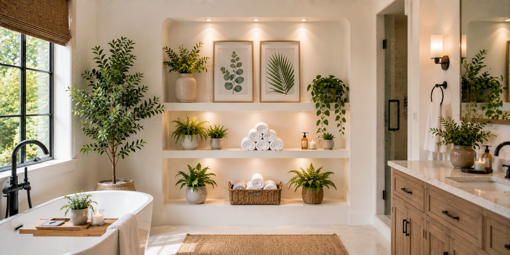 A bright bathroom alcove displaying framed artwork and lush green plants, accented with downlighting — modern, serene interior.