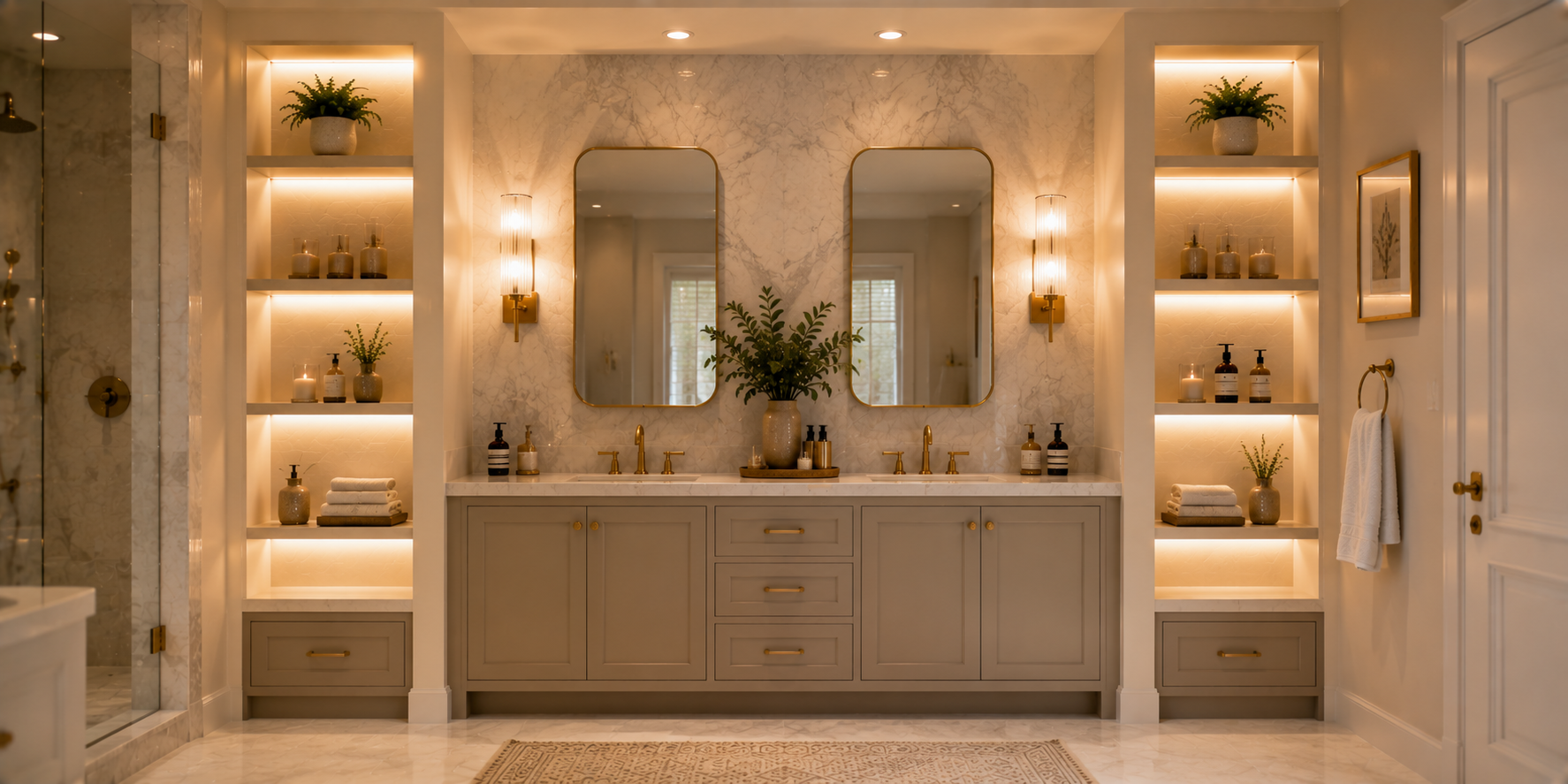 A symmetrical vanity setup framed by two illuminated alcove shelves, marble backsplash, and brass fixtures — refined modern classic style.