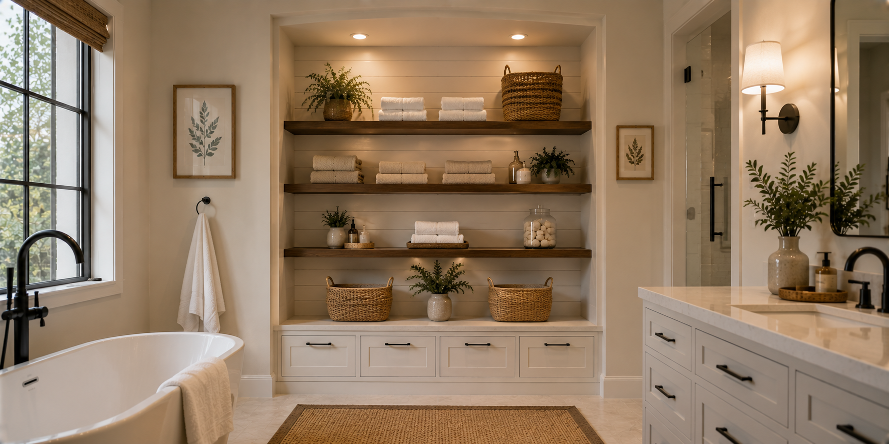 A deep recessed alcove with built-in shelving storing linens and baskets, shiplap backing, and soft neutral lighting — a practical yet elegant design.