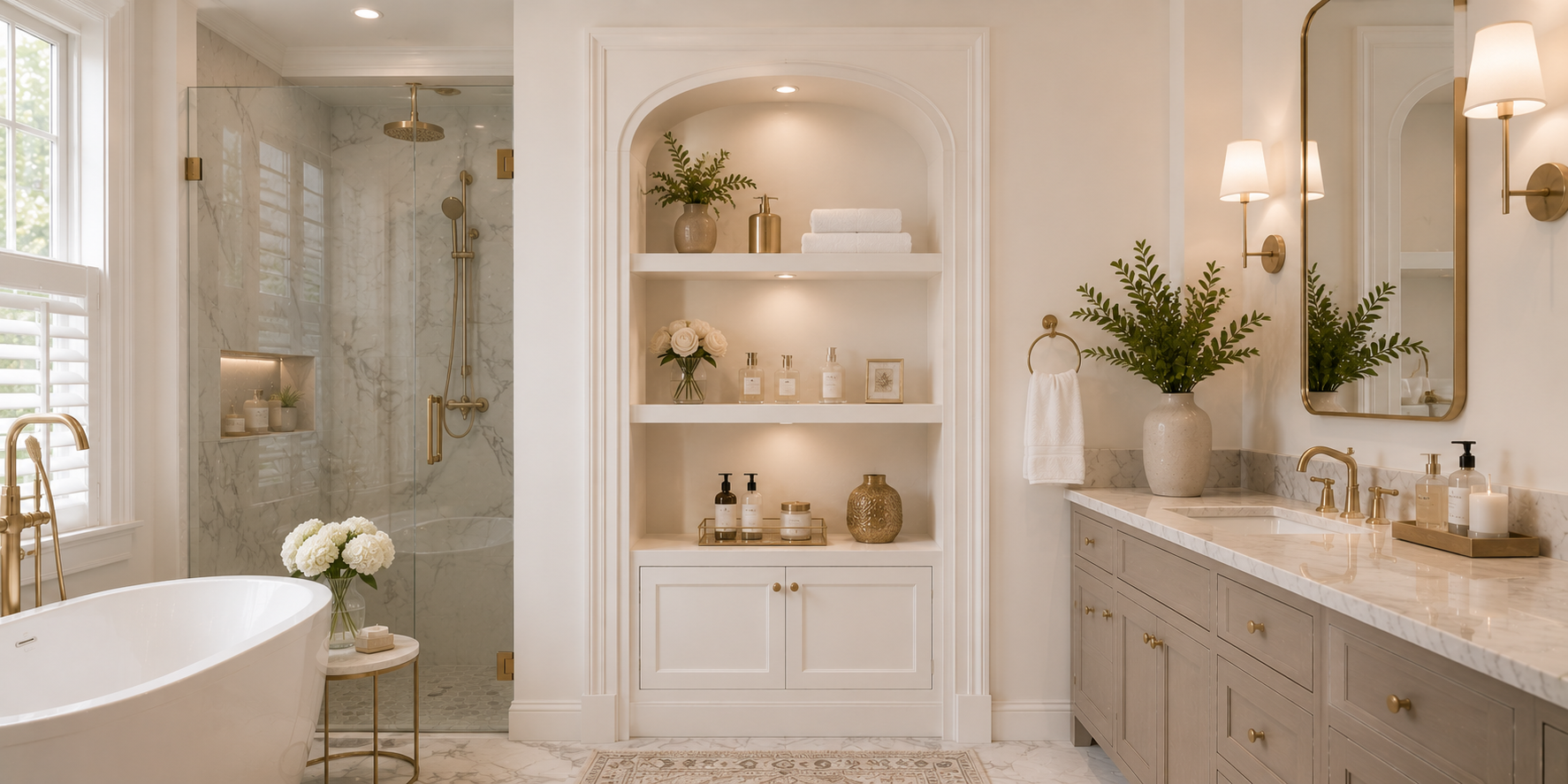 A decorative bathroom alcove framed with white trim molding, housing elegant toiletries and small vases — timeless transitional decor.
