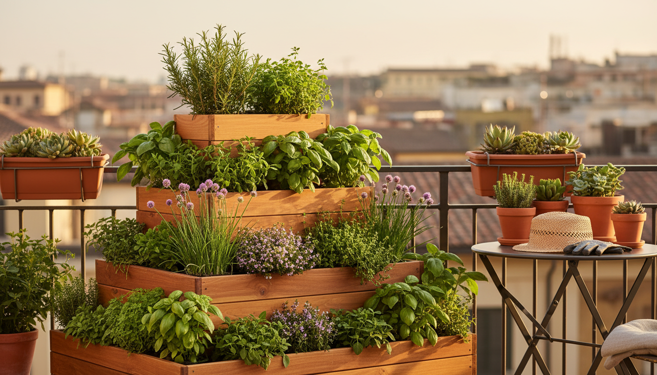 Tiered cedar wooden planter tower with rosemary, basil and thyme on a sunny balcony