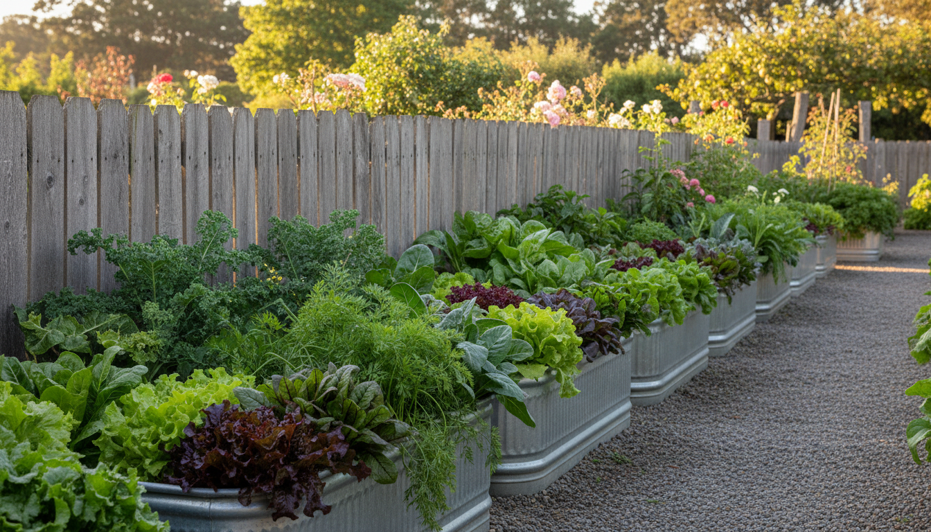 Galvanized metal trough planters along a wooden fence filled with vegetables and salad greens