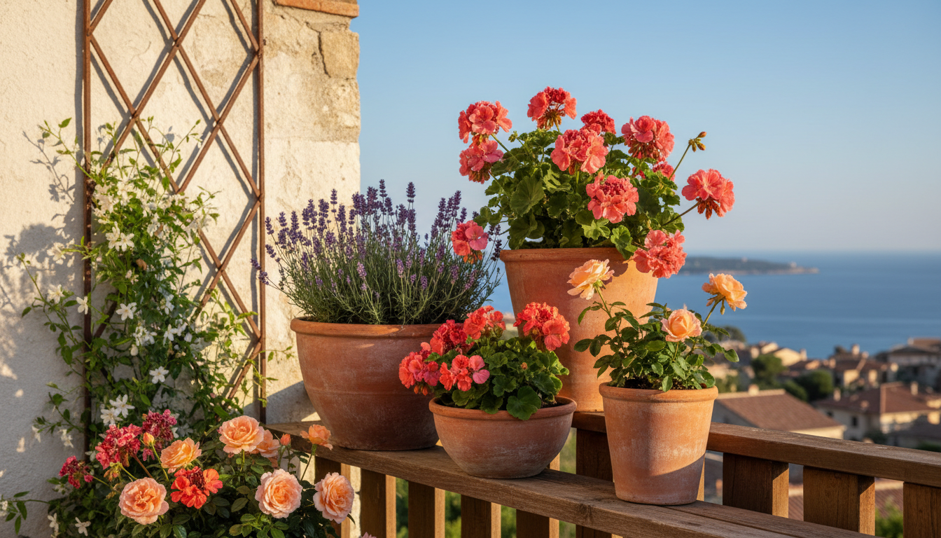 Terracotta pot cluster on a balcony railing with pelargoniums, lavender and apricot patio roses