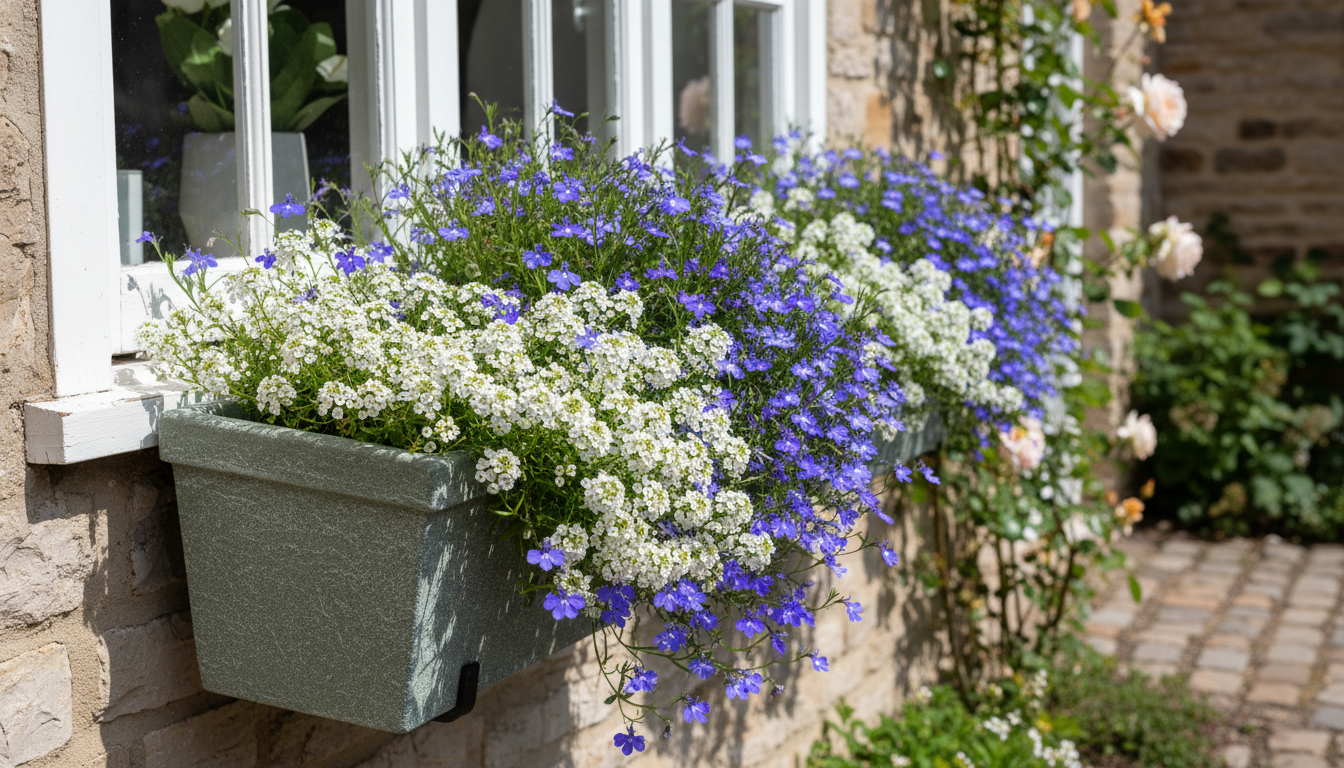 Self-watering window boxes with blue lobelia and white alyssum on a white painted window sill