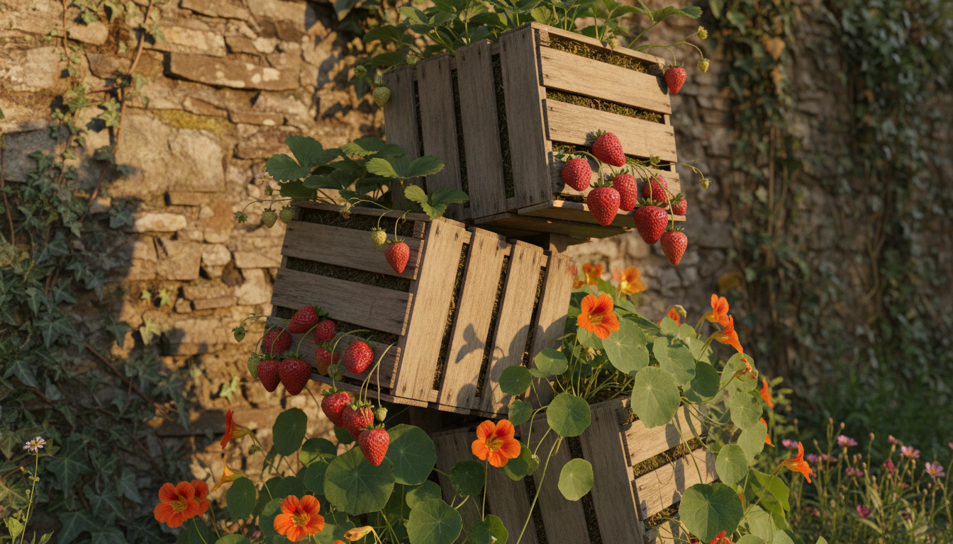 Stacked wooden crate strawberry tower with ripe hanging fruit and trailing nasturtiums