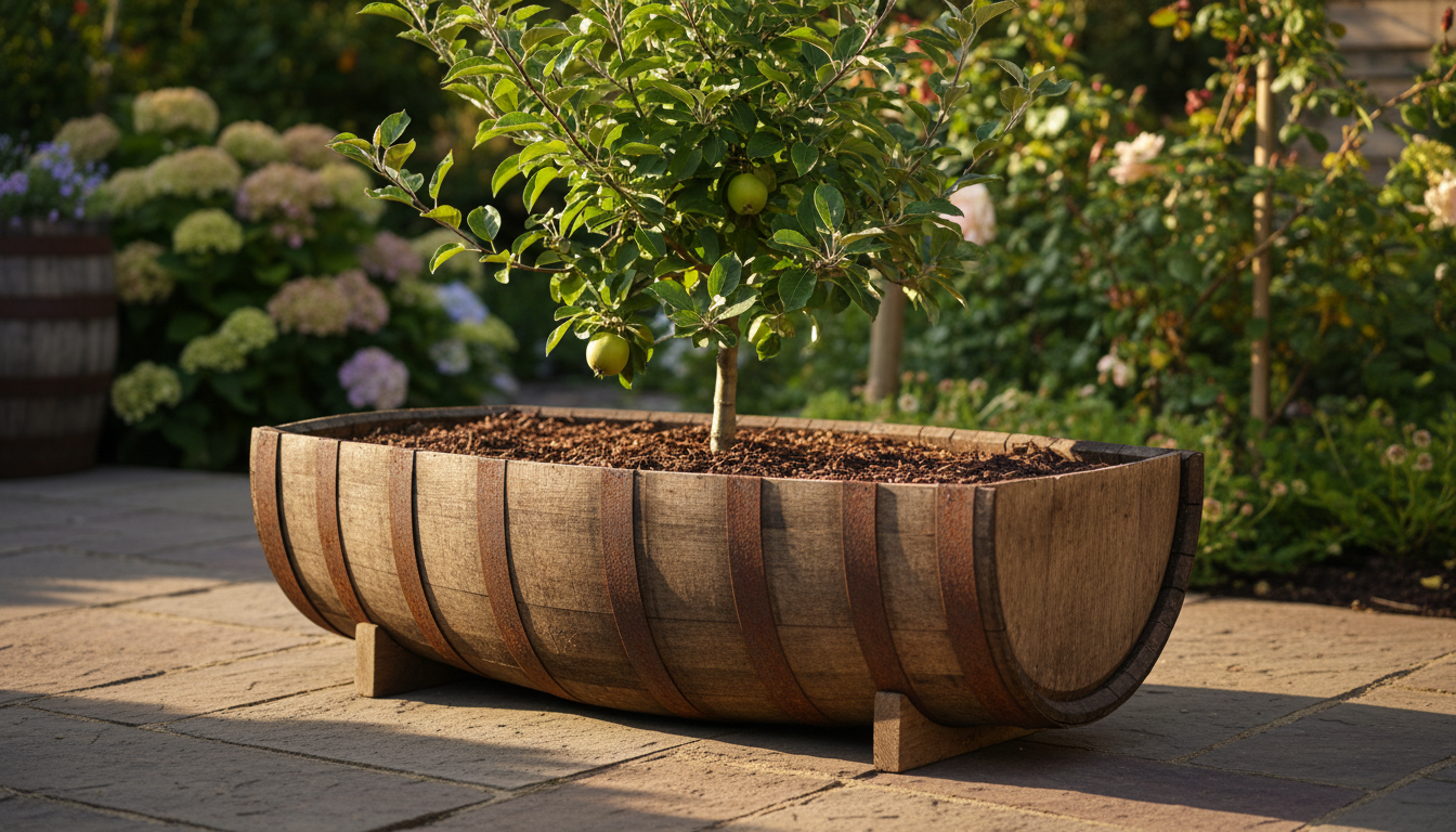Half-barrel oak whisky barrel planter with a dwarf apple tree on a stone patio
