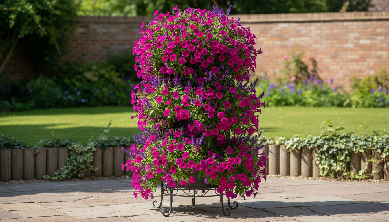 Hanging basket column tower with cascading magenta petunias and purple salvia on a patio