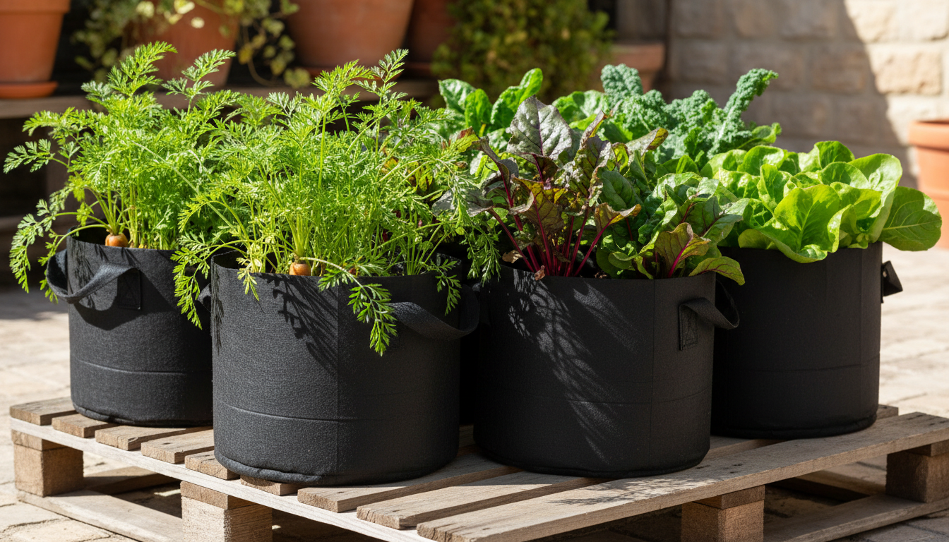 Dark fabric grow bags on a patio filled with root vegetables and leafy greens on a wooden pallet