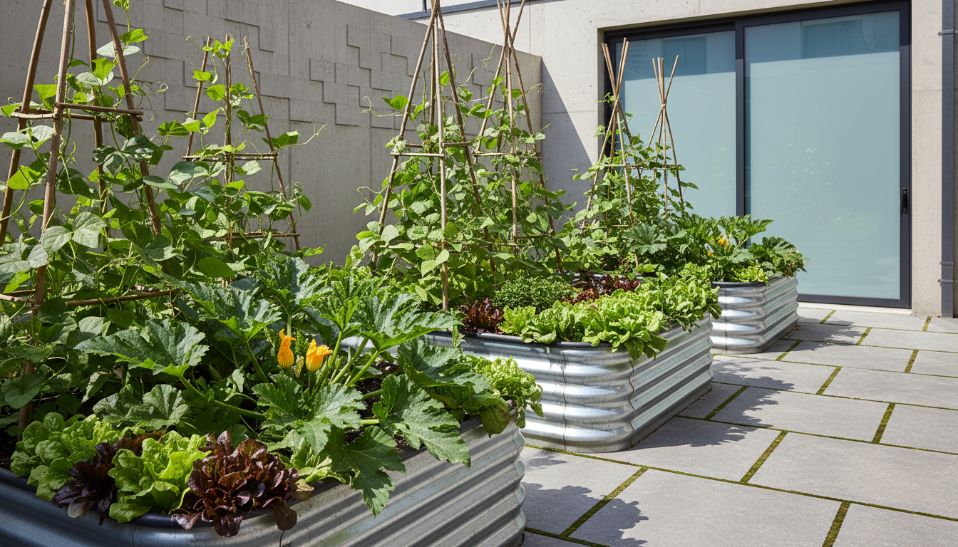 Corrugated galvanized steel raised planter beds with courgettes and climbing beans in urban courtyard