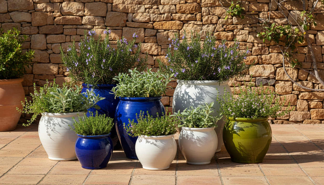 Ceramic glazed pots in cobalt blue and olive green on a Mediterranean terrace with rosemary and sage