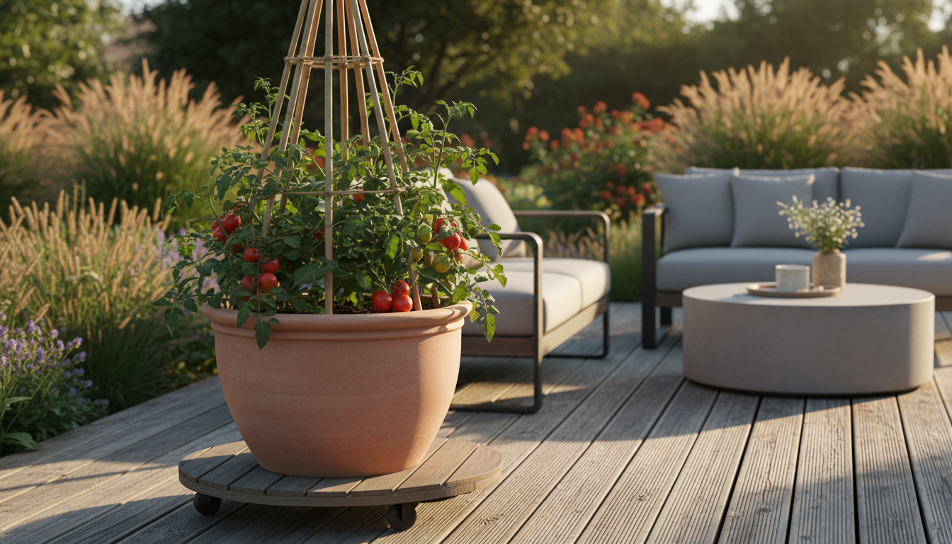 Large pot on wheeled caddy with tomato plants and bamboo stakes on a sunny timber deck