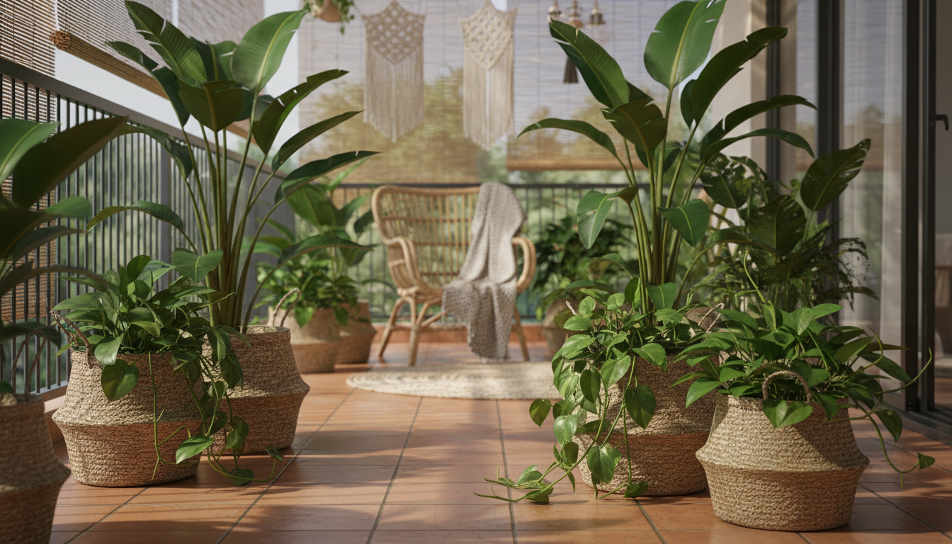 Wicker basket planters on a boho balcony with bird of paradise and trailing pothos plants