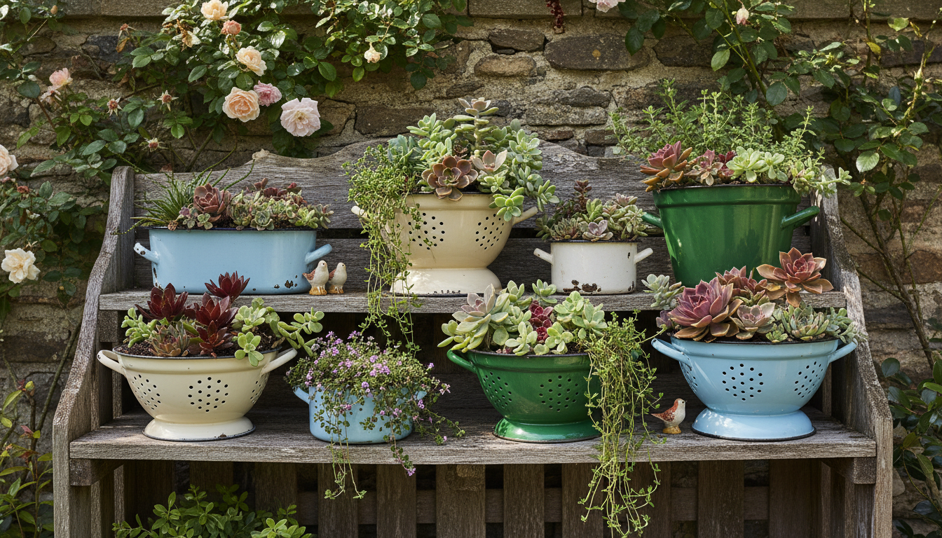 Vintage enamel colanders and pots planted with succulents and creeping thyme on a rustic wooden shelf