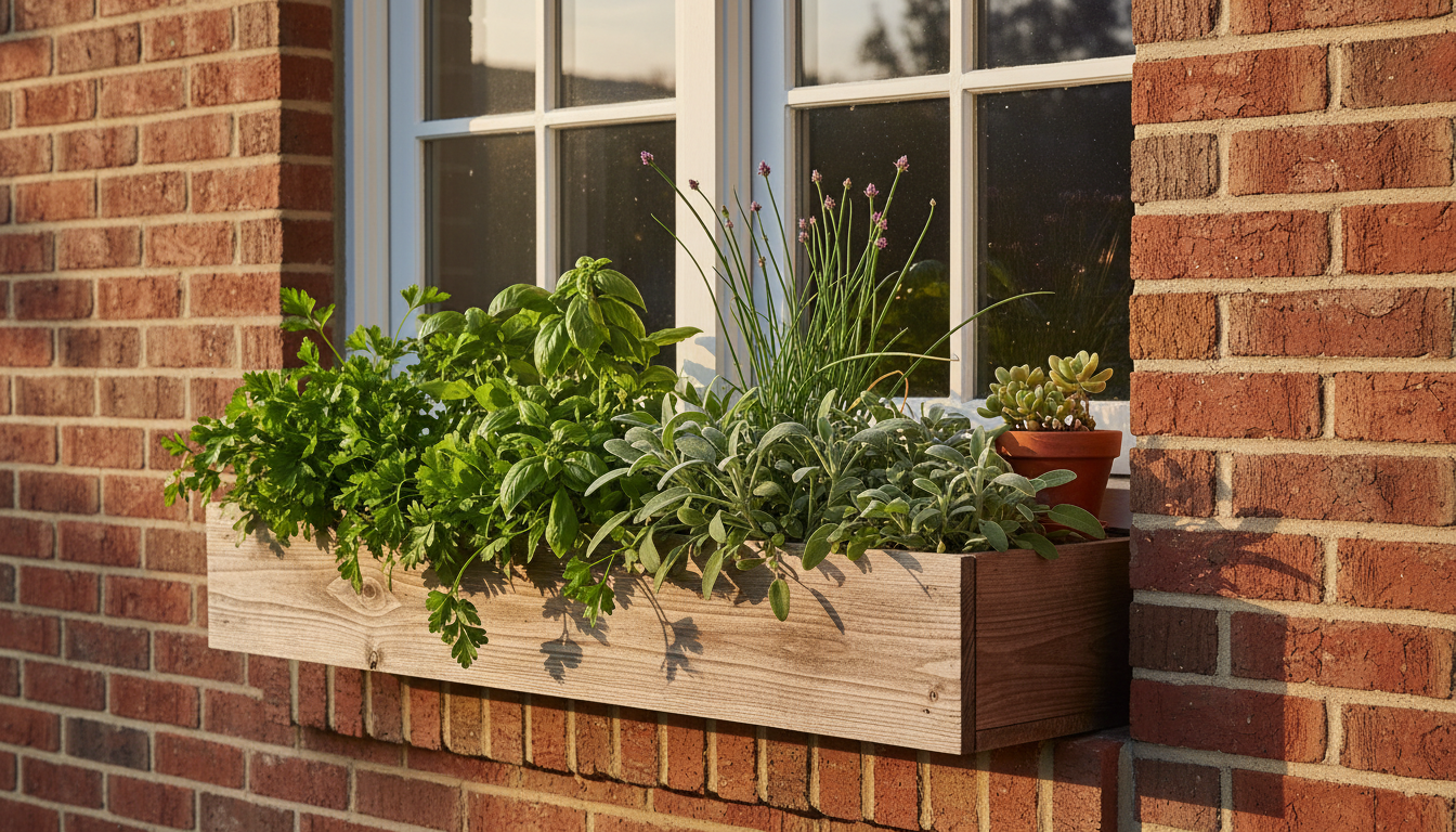 Cedar window box herb garden under a white kitchen window with parsley, basil and sage