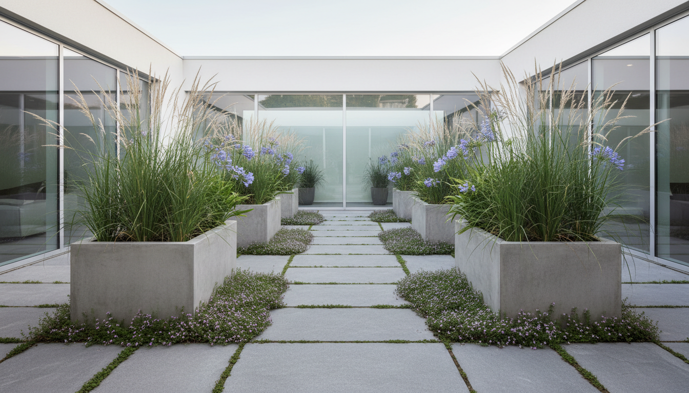 Rectangular concrete block planters in a minimalist courtyard with ornamental grass and agapanthus