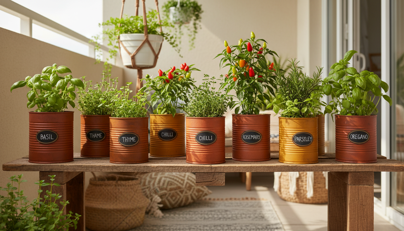 Painted tin cans in terracotta and rust tones on a wooden shelf with herbs and chilli plants