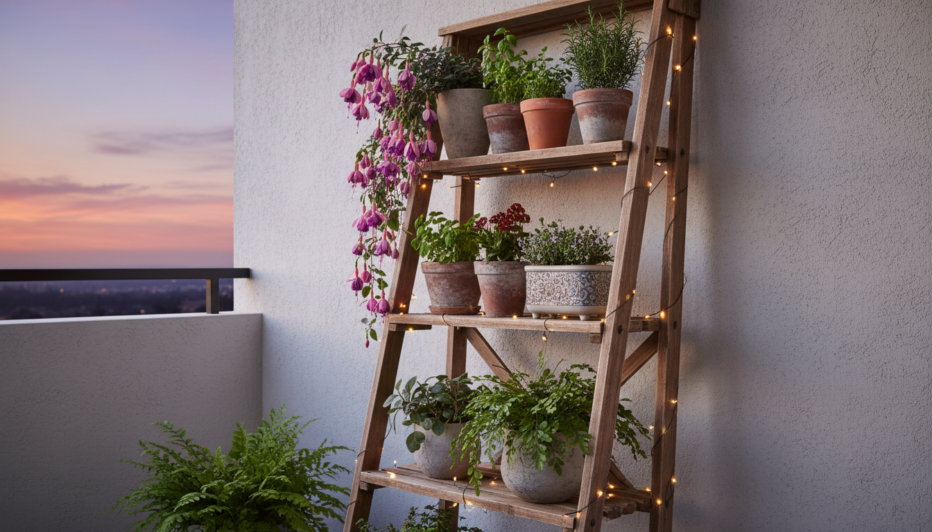 Teak ladder shelf with tiered potted plants, herbs and ferns with fairy lights on apartment balcony