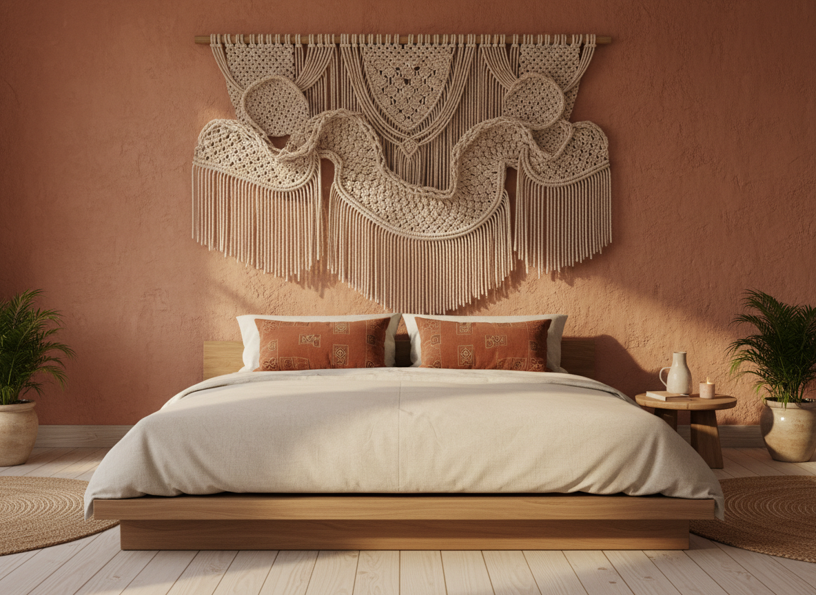 Large macramé wall hanging in natural cotton rope above a low platform bed with cream linen bedding and rust embroidered pillows