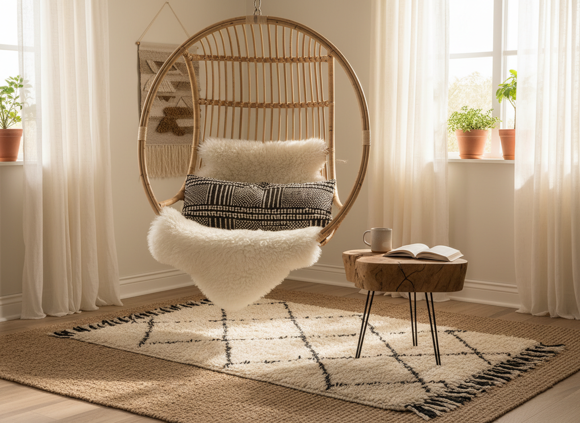 Rattan hanging chair with sheepskin throw and mudcloth bolster in a sunlit boho bedroom reading corner