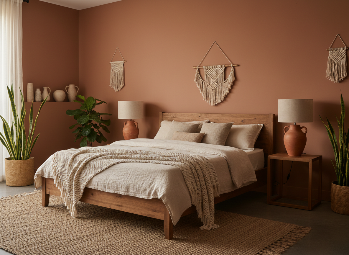Boho bedroom with warm terracotta walls, cream linen bedding, and handcrafted terracotta ceramic bedside lamps in golden afternoon light