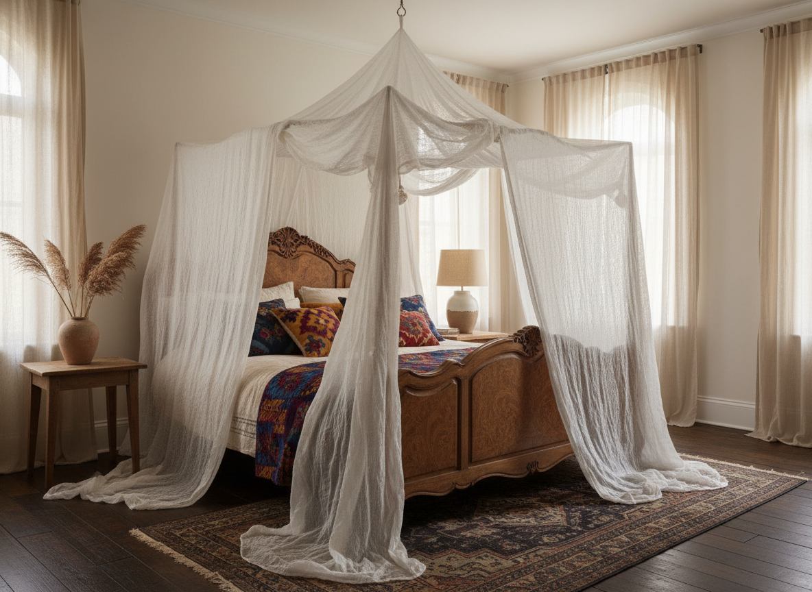 Sheer linen canopy draped from ceiling over a vintage carved wooden bed frame with embroidered jewel-toned pillows and Persian rug