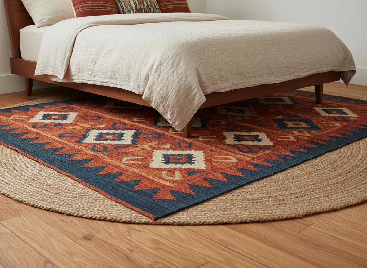 Patterned kilim rug in burnt orange rust and cream layered over natural jute on warm wood bedroom floor