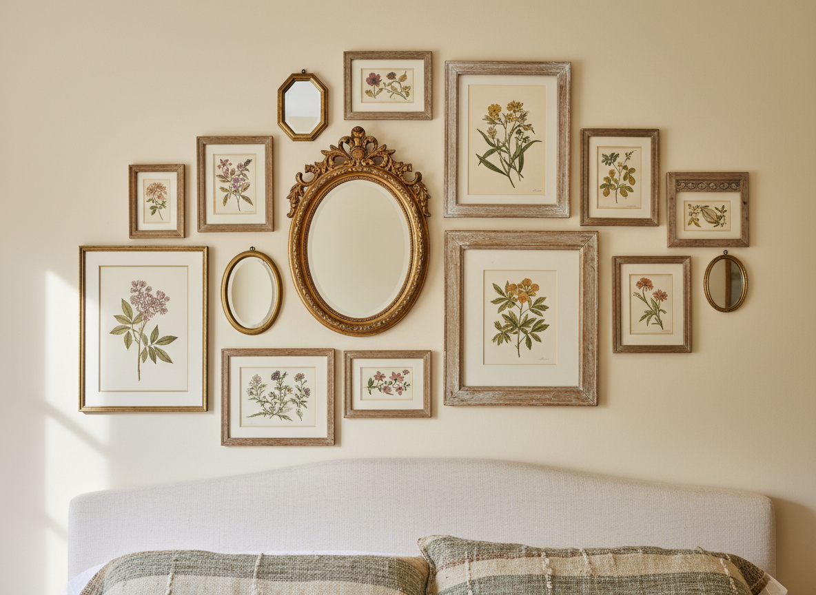 Boho bedroom gallery wall with mixed botanical prints, vintage watercolour illustrations, and antique mirrors in asymmetric arrangement