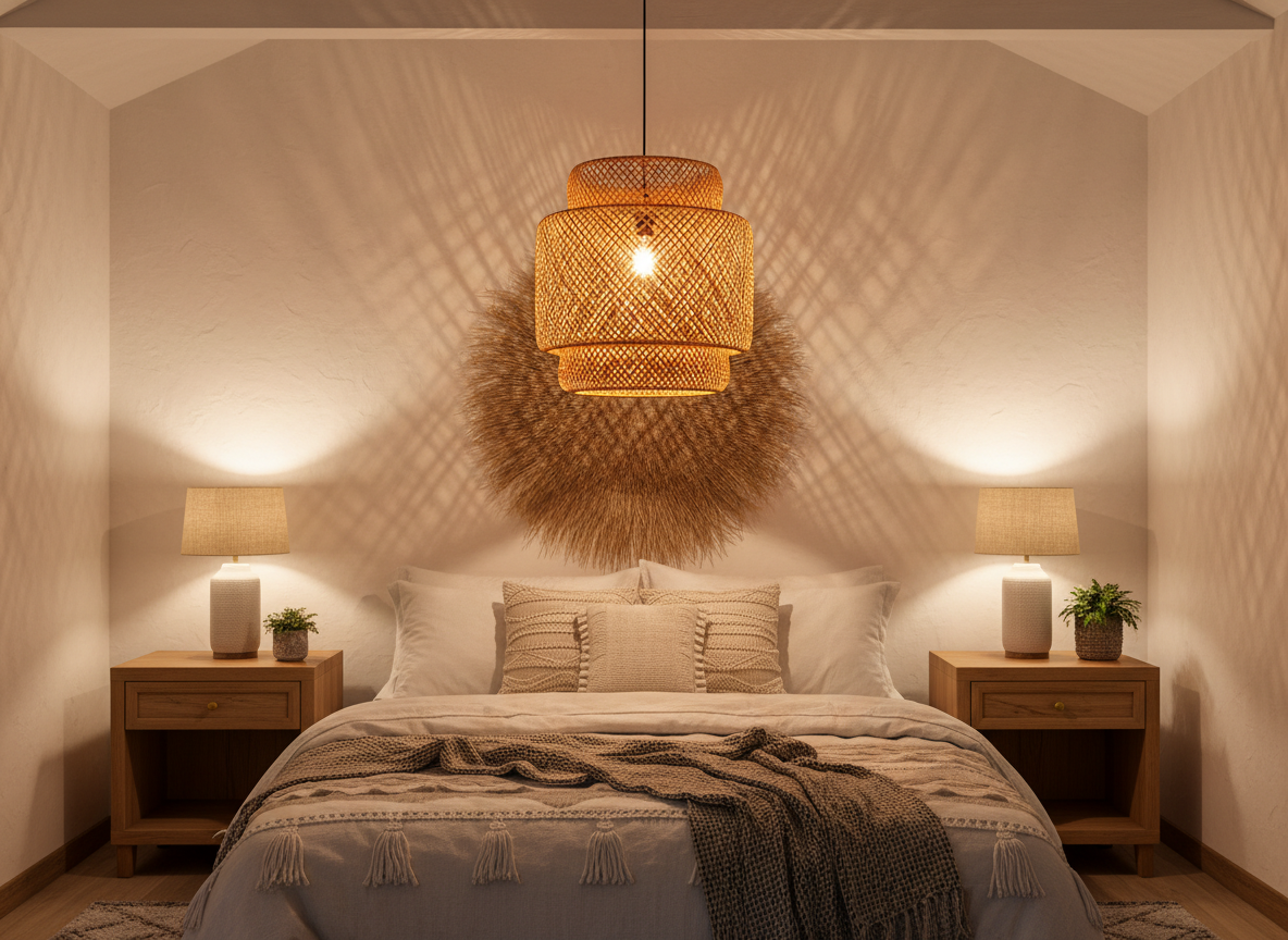 Woven rattan pendant light casting dappled amber shadow patterns in a warm boho bedroom