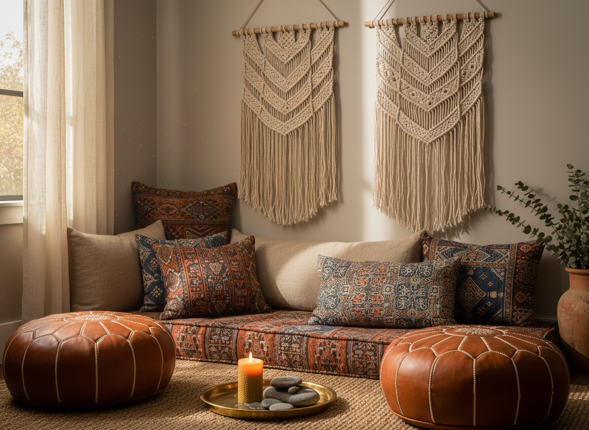 Boho bedroom meditation nook with Moroccan leather poufs, block-print floor cushions, brass tray, and macramé wall hangings in morning sunlight