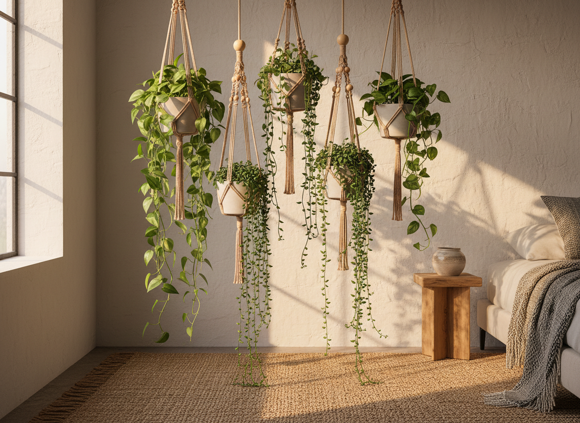 Trailing pothos and string of pearls plants in handmade macramé holders hung at varying heights on a boho bedroom wall