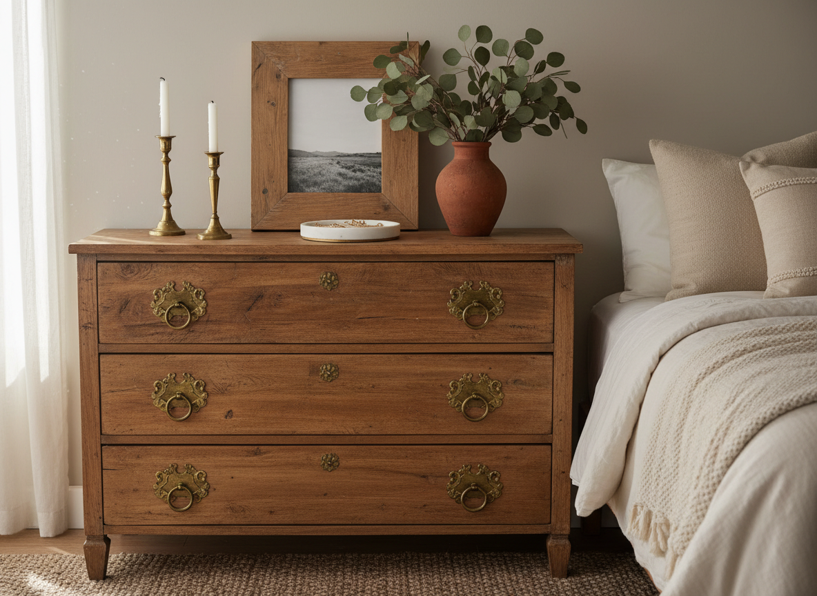 Distressed solid wood dresser with antique brass carved drawer pulls, styled top with candlesticks, dried eucalyptus, and ceramic tray