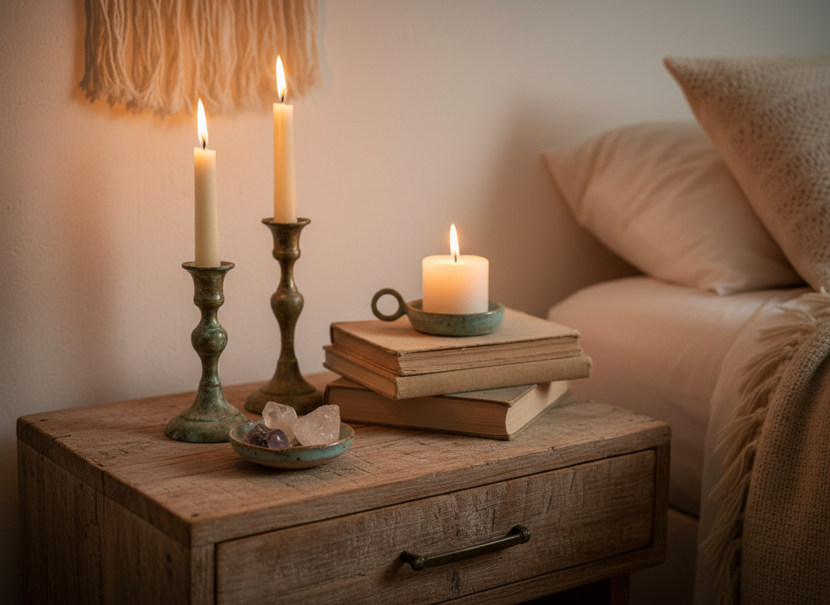Vintage patina brass candle holders of varying heights on a weathered wood nightstand with books and crystals in warm candlelight