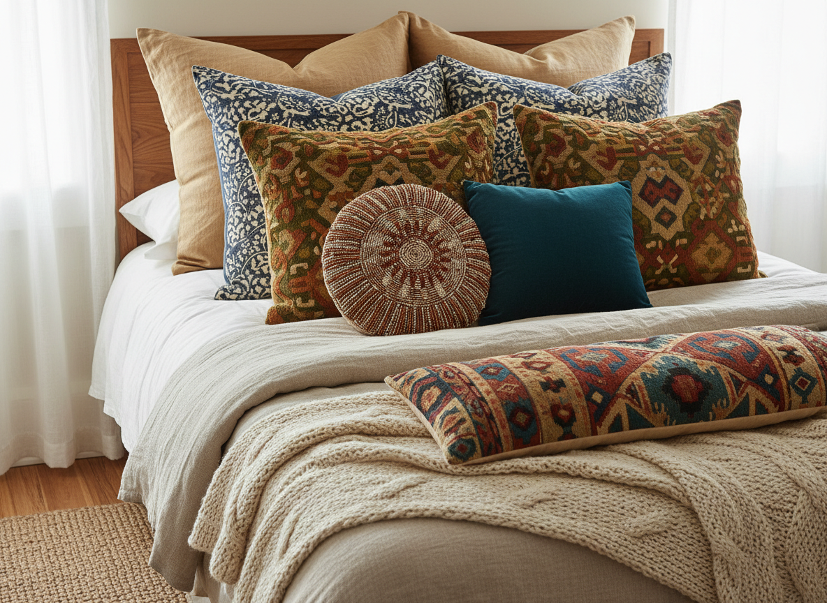 Layered boho bed pillow arrangement with embroidered tribal prints, velvet, and kilim-print lumbar pillow in earthy rust gold and teal tones