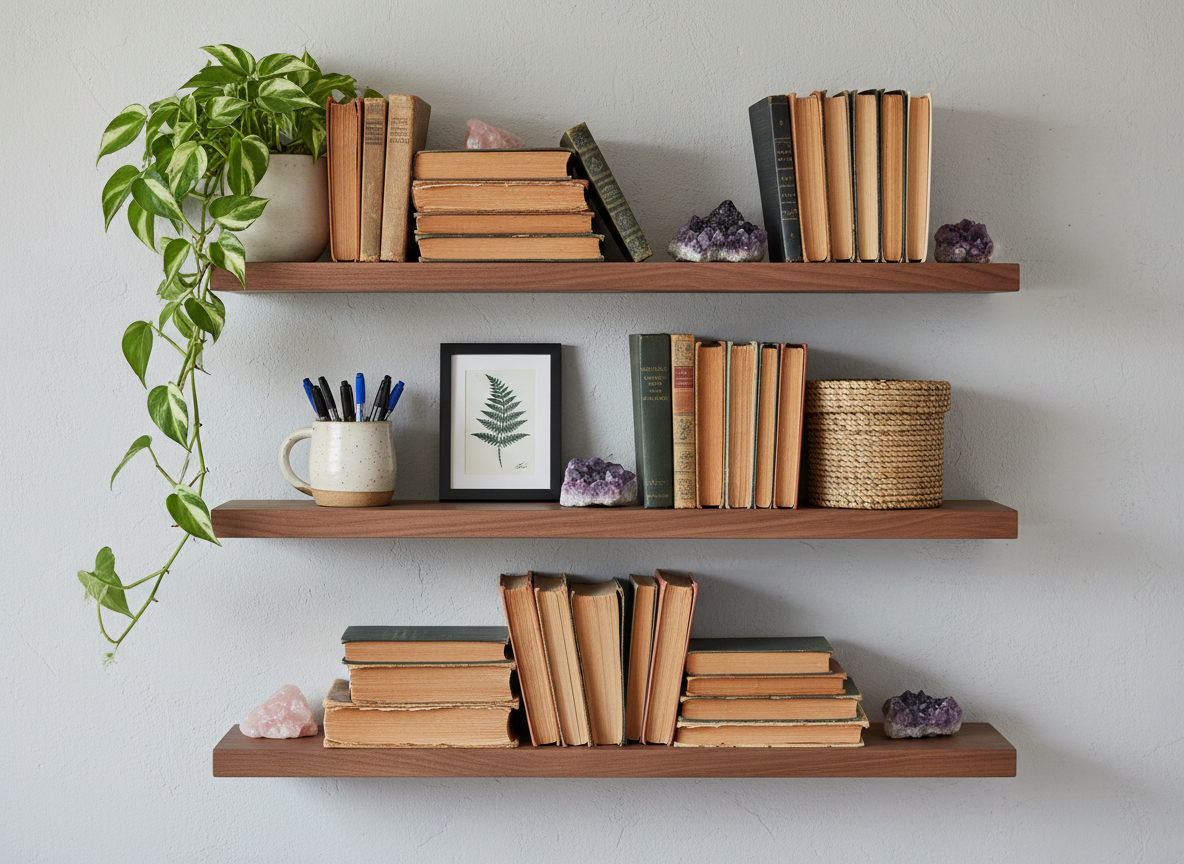 Open walnut bedroom shelves styled with books, rose quartz crystals, hand-thrown ceramic mug, trailing pothos, and woven basket