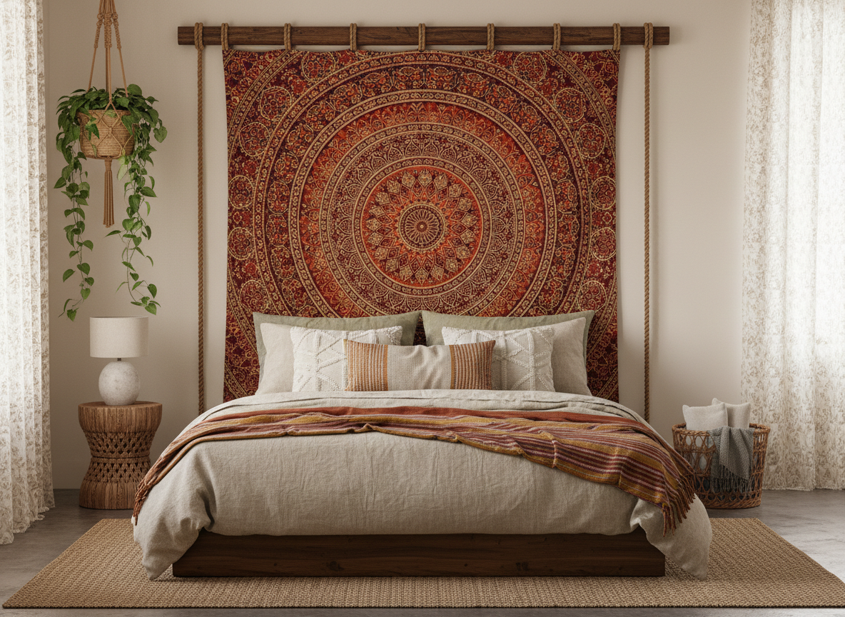Large mandala tapestry in burgundy burnt orange and gold hung as headboard alternative above a boho bedroom bed