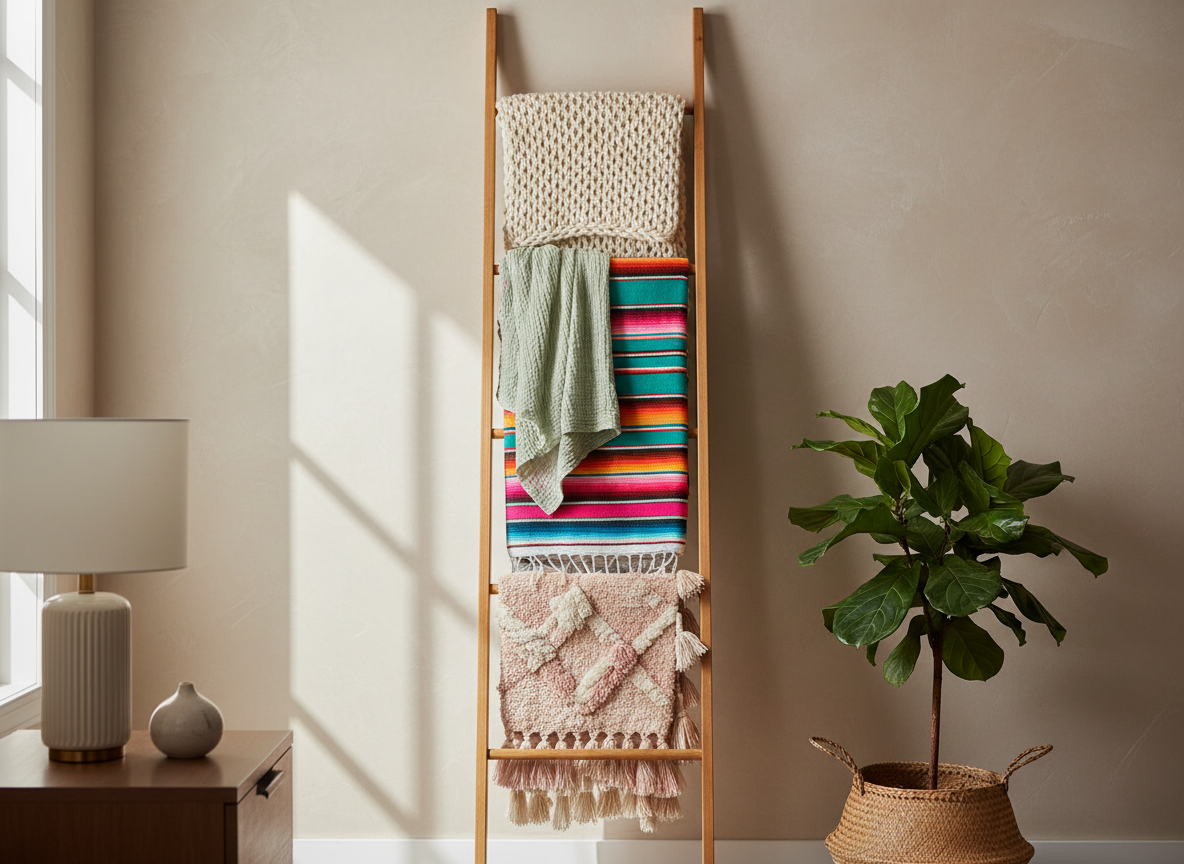 Wooden blanket ladder leaning against bedroom wall draped with chunky knit cream wool, cotton gauze, Mexican falsa, and Moroccan pompom throws