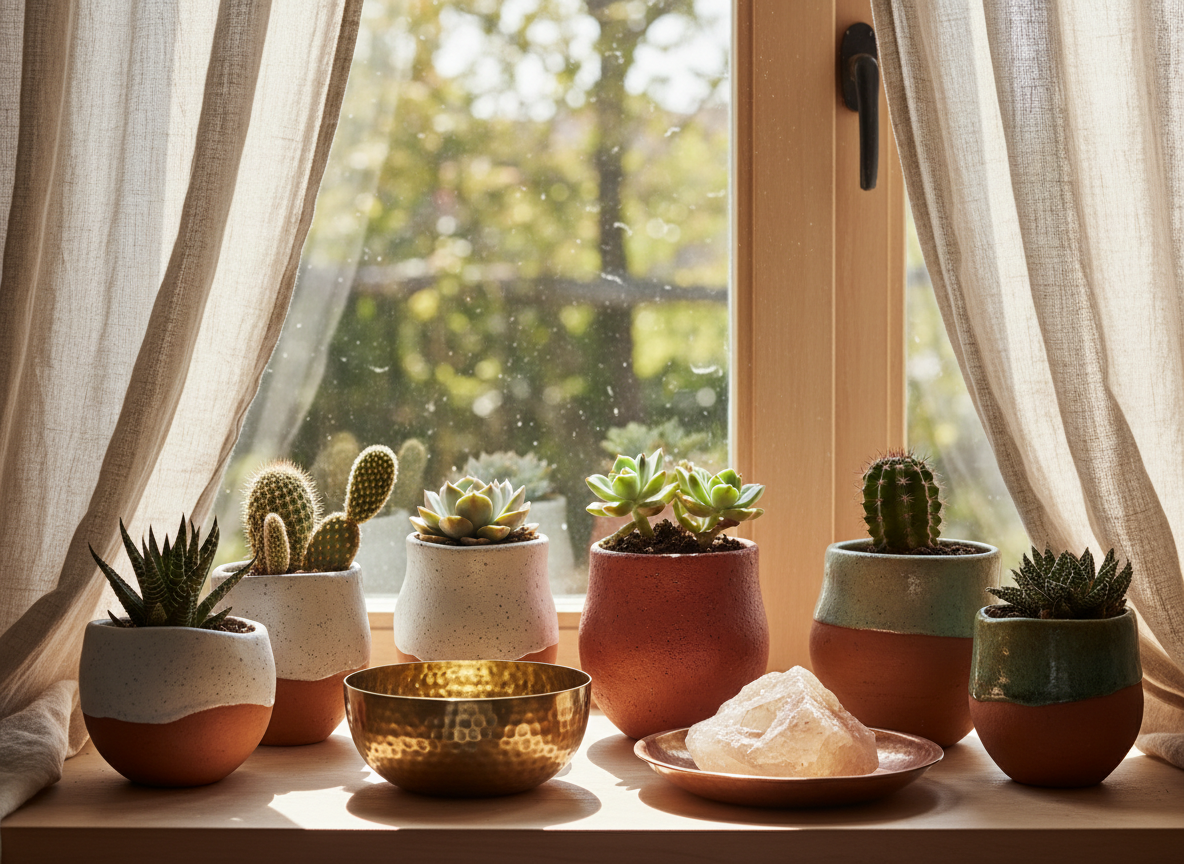 Bedroom windowsill with terracotta clay pots of succulents, hammered brass bowl, copper dish with crystals, and sheer linen curtains in sunlight