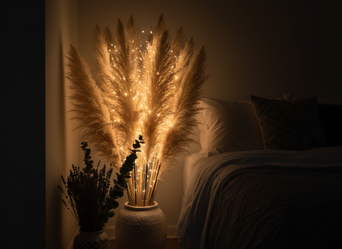 Tall dried pampas grass in ceramic pot with warm fairy lights woven through feathery champagne plumes glowing amber in a boho bedroom corner