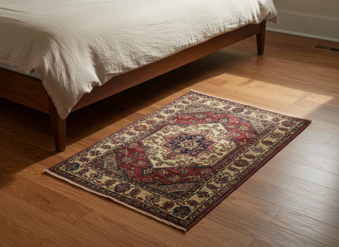 Small vintage Persian-inspired wool rug with jewel-toned medallion pattern on warm wood bedroom floor beside a bed frame