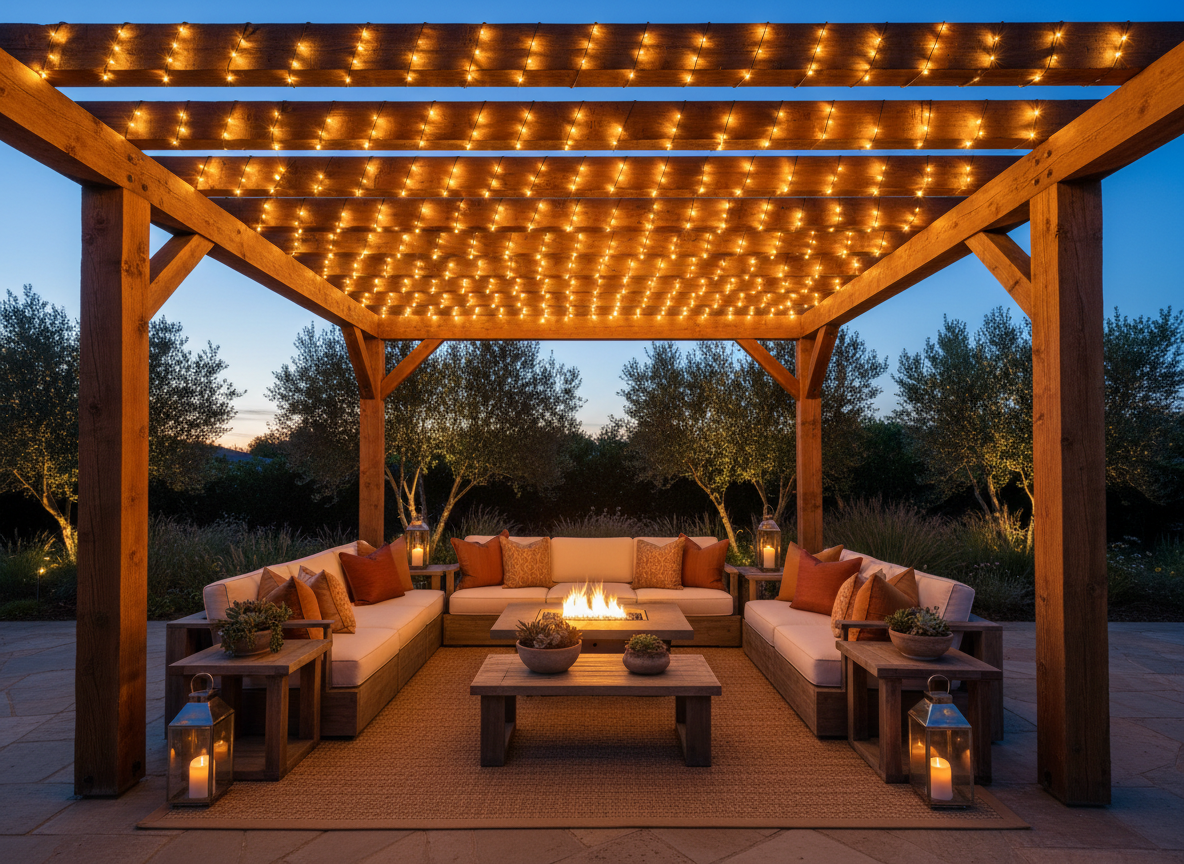 Pergola with warm Edison string lights wound around timber beams creating a glowing amber ceiling above outdoor seating
