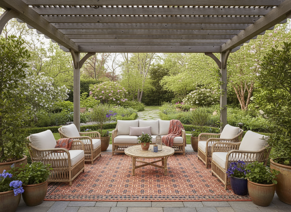 Large patterned outdoor rug in terracotta and indigo anchoring rattan seating group under a garden pergola