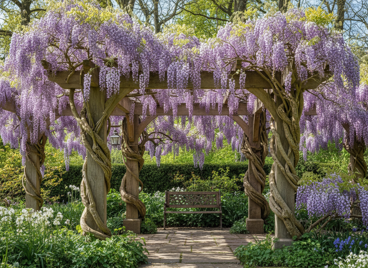 Timber pergola covered in climbing wisteria with lilac purple hanging flower clusters in late spring bloom