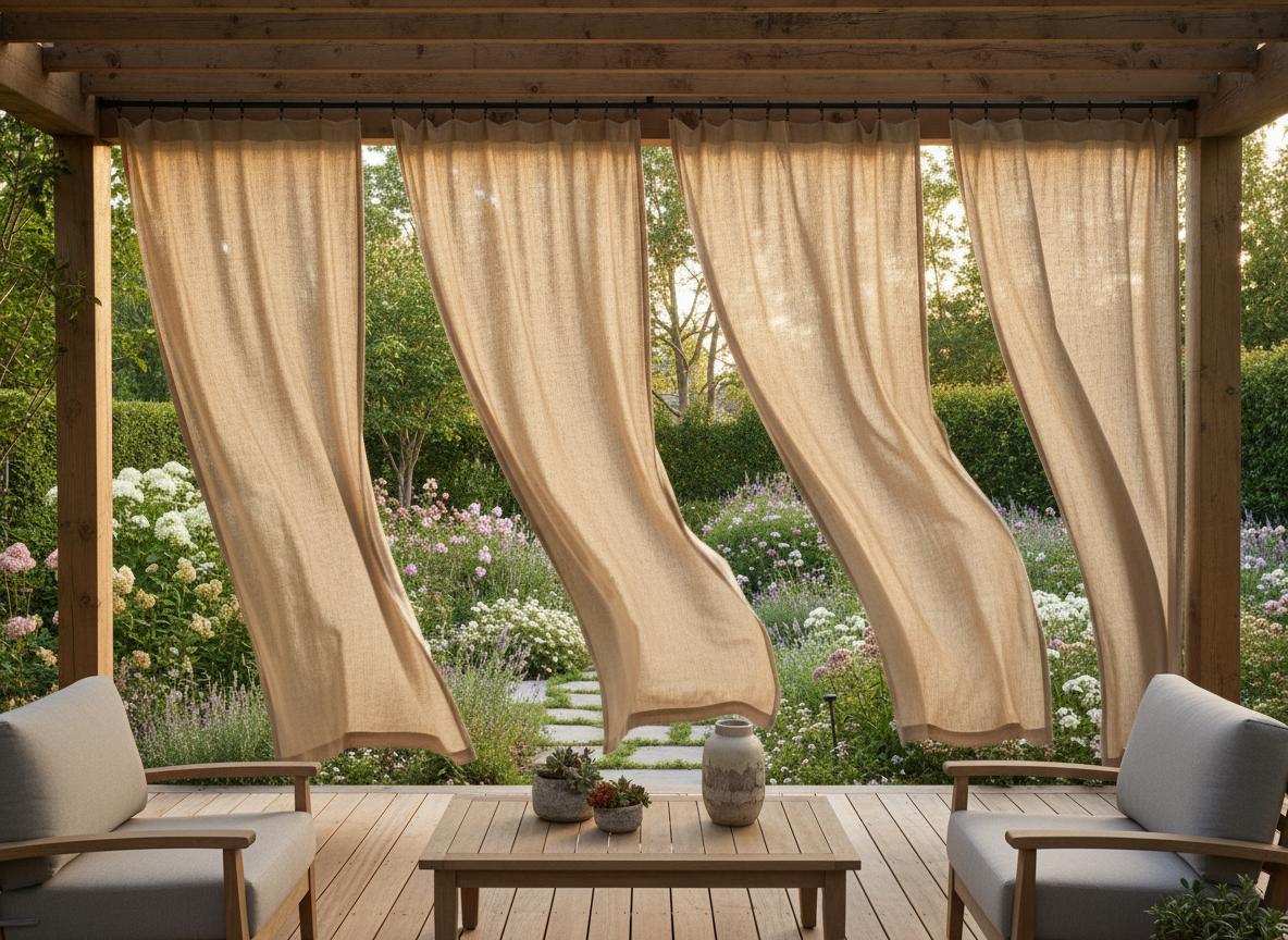 Pergola with full-length natural linen curtains gently billowing in breeze with soft light filtering through fabric panels