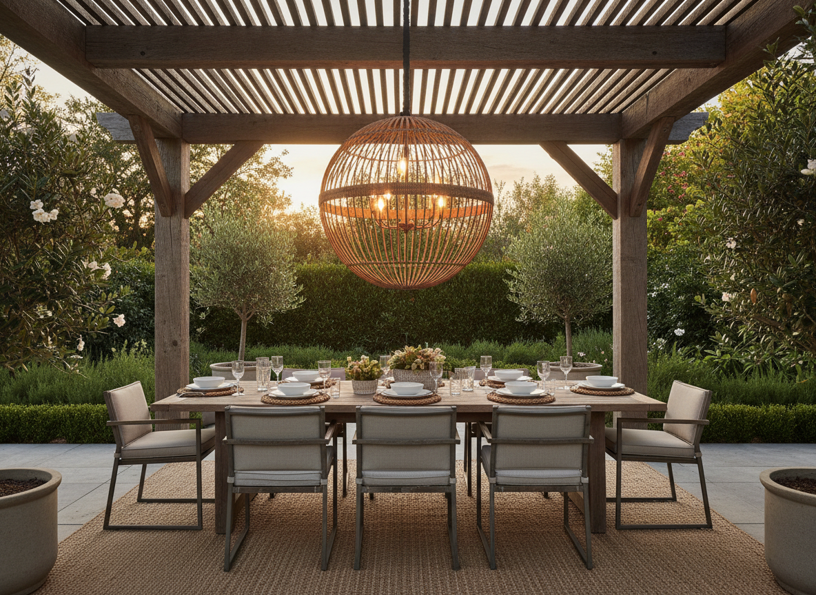 Large rattan globe chandelier pendant light hanging from pergola beams above outdoor dining table with warm Edison bulb glow