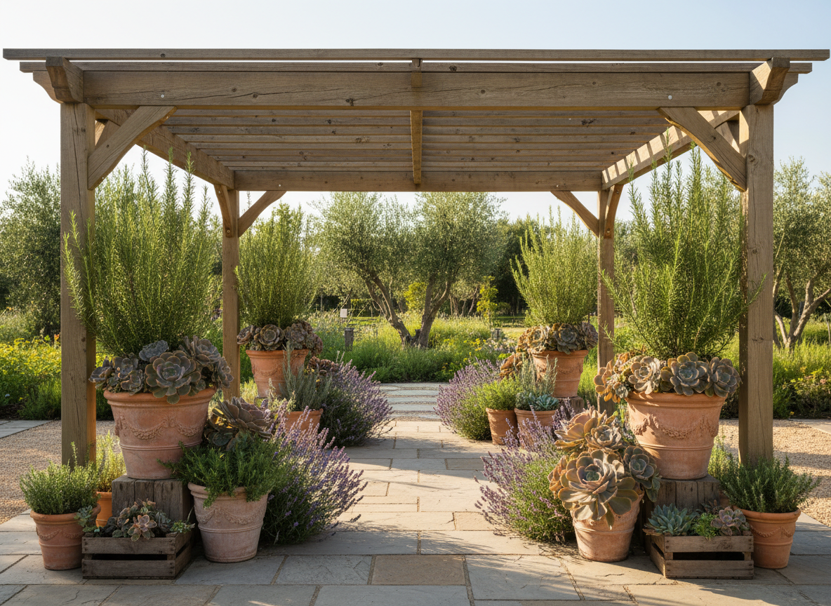 Pergola perimeter lined with terracotta pots of Mediterranean herbs and succulents grouped at varied heights with timber risers