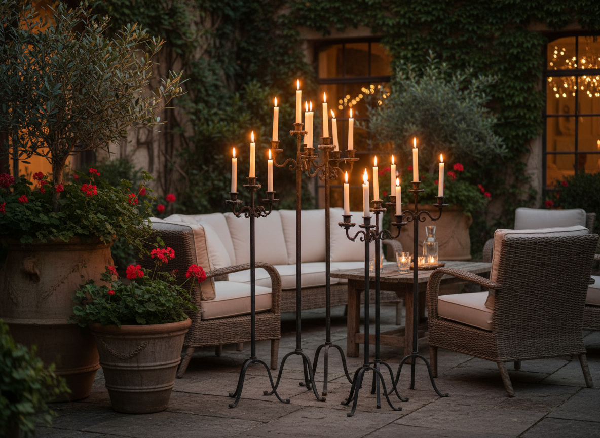 Cluster of wrought iron candelabras at varied heights with flickering pillar candles creating warm golden evening ambiance
