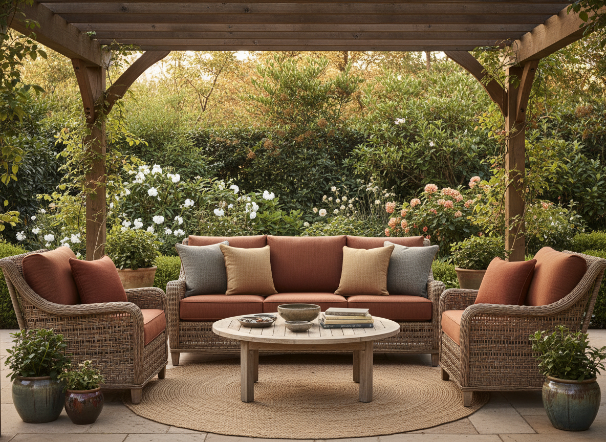Deep-cushioned all-weather rattan sofa and armchairs under a pergola with stone and terracotta cushions in a lush garden setting